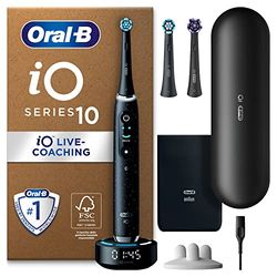 Oral-B Spazzolino Elettrico Ricaricabile iO 10, Sensore di Pressione, Display Interattivo, Intelligenza Artificiale con Live Coaching, 3 Testine, 1 Spazzolino, 1 Custodia da Viaggio, Nero, Idea Regalo