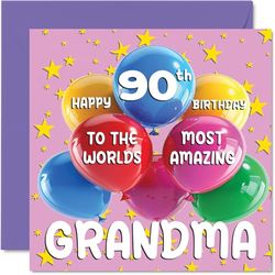 90th Grandma Birthday Card - World's Most Amazing Grandma - Happy 90th Birthday Card from Granddaughter Grandson, 145mm Age 90 Greeting Cards for Granny