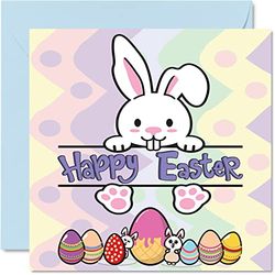 Paaskaarten - konijntjes en eieren - Happy Easter Card Friend, Bunny Paaskaarten, christelijke paasgeschenken, 145 mm x 145 mm lente-seizoenskaarten voor familie en vrienden