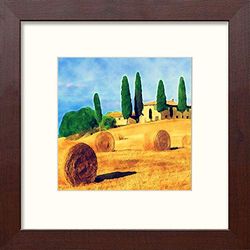 Lumartos, Tuscan Field Contemporary Home Decor Wall Art Watercolour Print, Mahogany Frame, 14 x 14 Inches