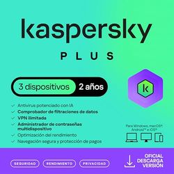 Kaspersky Plus Internet Security 2025 | 3 Dispositivos | 2 años | Anti-Phishing y Firewall| VPN ilimitada | Gestor de contraseñas | Protección Bancaria en línea | PC/Mac/Móvil | Código por email