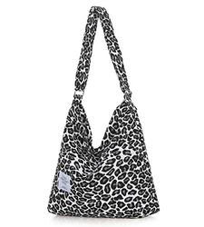 Covelin Bolso de hombro de lona retro de gran tamaño para mujer, estilo Hobo, leopardo blanco, Medium