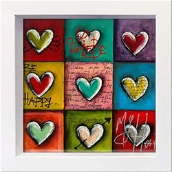 Internationellt grafiskt inramat vykort – MOUGIN, Carine – 'Coeurs en Couleurs III'' – 16 x 16 cm – vit ram