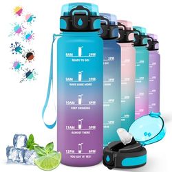 Drinkfles, 1 liter, lekvrije fitnessfles, motiverende drinkfles met tijdschaal, drinkfles met rietje, gemakkelijk te reinigen, drinkfles voor sport, wandelen, fietsen, blauw-paars