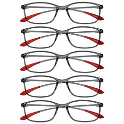 OPULIZE Ice Gafas de Lectura Pack de 5 Diseño Elegante Gris Cristal Puntas Rojas Claro Lentes Resistentes a Arañazos Montura Ultra Ligera para Uso sin Fatiga Unisex Hombre Mujer RRRRR61-7 +2.50