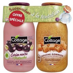 Cottage - Zestaw 1 nawilżający prysznic z mlekiem z czarnej wiśni i pistacjowego + 1 x delikatny karmelowy peeling prysznicowy - Wyprodukowano we Francji - 250 ml + 270 ml