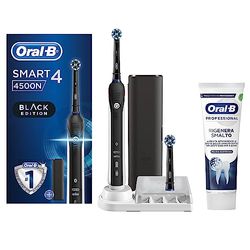 Oral-B Spazzolino Elettrico Ricaricabile Smart 4 4500, 1 Spazzolino Nero, 2 Testine CrossAction, 1 Custodia da Viaggio + Dentifricio Rigenera Smalto, Pulizia Quotidiana 75ml