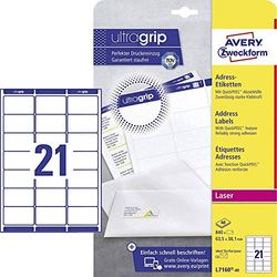 AVERY Zweckform L7160-40 adreslabels/adresstickers (840 etiketten met ultragrip, 63,5 x 38,1 mm op A4, bedrukbaar, zelfklevend, voor DIN B6/C6 enveloppen, papier mat) 40 vel, wit