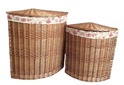 Red Hamper Set of 2 Light Steamed Corner Laundry Baskets with Garden Rose Lining, Wicker, 60 x 46 x 46 cm