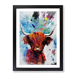 Highland Cow Paint Splash No.1 Framed Print for Living Room Bedroom Home Office Décor, Wall Art Picture Ready to Hang, Black A3 Frame (34 x 46 cm)