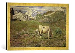 Ingelijste foto van Giovanni Segantini "Pascoli di Primavera", kunstdruk in hoogwaardige handgemaakte fotolijst, 60x40 cm, goud raya