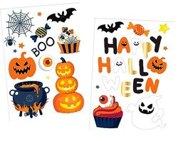 Folat-fantôme, citrouille-orange, chat-multicolore, sorcière, chauve-souris-noir fenêtre Treat BoOo-23 autocollants fête, Hantée Halloween Decorations, Soirée à Thème: Squelette, Caricature, 23867