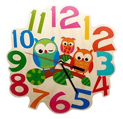 Hess Holzspielzeug 30001 - wandklok van hout voor kinderen, serie uil, met kwartsuurwerk, handgemaakt, diameter ca. 21 cm, kleurrijke tijdweergave voor de kinderkamer
