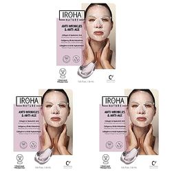 IROHA NATURE - Mascarilla Facial y Cuello Tisú ANTIARRUGAS y ANTIEDAD con Colágeno. Reafirma, Previene aparición arrugas y líneas expresión (Paquete de 3)