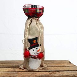 SHATCHI Wine Bottle Liquor Cover Bag with Drawstring Printed Pattern Burlap Hessian Linen Novelty Dinner Table Decorations-Reindeer/Snowman/Robin/Christmas Pudding, 15x35cm