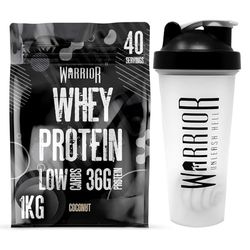 Bundle Warrior Whey 1kg + Shaker 600ml - Up to 36g* of Protein Per Shake – Low Carbs – GMP Certified (Coconut, 1kg)
