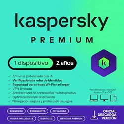 Kaspersky Premium Total Security 2025 | 1 Dispositivo | 2 años | Anti-Phishing y Firewall | VPN ilimitada | Gestor de contraseñas | Control parental | Soporte 24/7 | PC/Mac/Móvil | Código por email