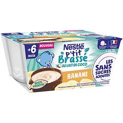 Nestlé Bébé P'tit Brassé Végétal Laitage Lait coco Banane sans sucres ajoutés - dès 6 mois - 4 x 90g (L'emballage peut varier) (Lot de 6)