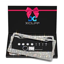 XCLPF - Cornice per targa da donna, luccicante, in acciaio inossidabile, oltre 1000 pezzi, 14 sfaccettature in vetro trasparente con strass con diamanti bianchi e confezione regalo (2 pezzi)