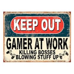 Shawprint Keep Out Gamer At Work Killing Bosses Blowing Stuff Up Retro Shabby Chic Rustic Style Funny Humourous Plaque/Sign Tin (A3)