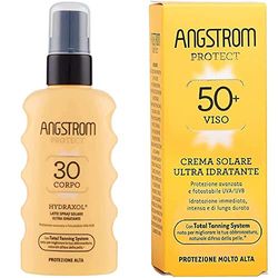 Angstrom Protect Latte Solare in Formato Spray, Protezione Solare Corpo 30+ & Protect Crema Solare Viso, Protezione viso 50+ con Azione Ultra Idratante, Nutriente e Duratura