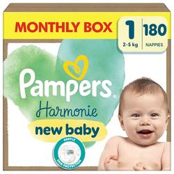 Pampers Pieluszki Rozmiar 1 (2-5 kg), Harmonie New Baby Pieluchy, 180 Sztuk, Ochrona Delikatnej Skóry i Składniki Pochodzenia Roślinnego