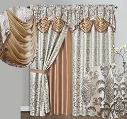 GOHD Samba Star Lot de 2 Rideaux de fenêtre Jacquard avec cantonnière Fantaisie attachée et Envers en Taffetas Sable 137,2 x 228,6 cm (l x H)