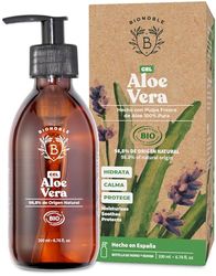 Bionoble Gel de Aloe Vera Orgánico 200ml - Hecho con Pulpa Fresca de Aloe 100% Puro y Lavanda - Sin Xantano - Rostro, Contorno de Ojos, Cuerpo, Cabello - Botella de vidrio + Bomba