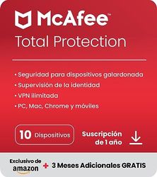 McAfee Total Protection 2024 Exclusivo de Amazon, 10 dispositivos | Antivirus, VPN, seguridad móvil y de Internet | PC/Mac/iOS/Android|Suscripción de 15 meses | Código por correo electrónico