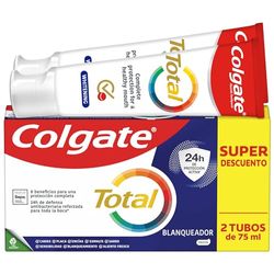 COLGATE Total Blanqueador Pasta de Dientes Blanqueadora, 2 Uds x 75 ml, Dentífrico Blanqueador con 24H de Defensa Antibacteriana Reforzada para la Boca*, Tecnología Antibacteriana de Doble Zinc