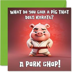 Funny Birthday Cards for Women Men - Dad Joke Karate Pig - Happy Birthday Card for Mum Dad Brother Sister Son Daughter Nan Grandad Cousin Colleague, 145mm x 145mm Joke Humour Banter Greeting Cards