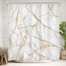 Newsely Tenda da doccia in marmo bianco e oro, 152 x 182 cm (larghezza x altezza), astratto, moderno, crepa, struttura di lusso, inchiostro liquido, geometrico, set da bagno, accessori per la