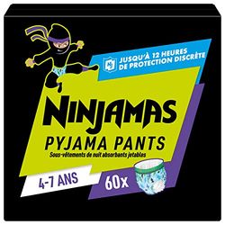 Pampers Ninjamas Pyjama Pants, Garçon, 60 Sous-Vêtements de nuit Absorbants, 4-7 Ans, 17-30kg, Protection Maximale Contre Les Fuites Toute La Nuit En Toute Discrétion, Pack 1 Mois