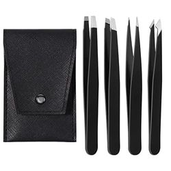 Brencco 4 Piece Tweezers Set, Precision Tweezers Set Made of Stainless Steel, Perfect Precision for Eyebrow Plucking, Facial Hair Removal, High-Quality Tweezers for Women and Men, Black