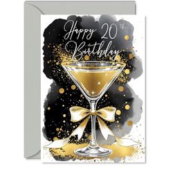 20th Birthday Card - Golden Champagne Glass - Traditional Elegant Beautiful Gold Birthday Cards for 20 Year Old Woman Man Women Men, 5x7 Inch Gorgeous Greeting Cards Gift