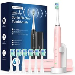 PHYLIAN PRO Brosse à dents électrique pour adultes et enfants - Brosse à dents électrique Shcall Electric Toothbrush avec 6 brosses de rechange, 5 modes de nettoyage, minuterie (rose)