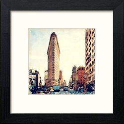 Lumartos, Flatiron Building Contemporary Home Decor Wall Art Watercolour Print, Black Wood Frame, 8 x 8 Inches