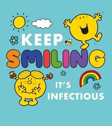 Tarjeta en blanco con texto en inglés "Keep Smiling" de Mr Men and Little Miss
