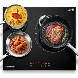 Plaque de cuisson vitrocéramique 3 Foyers,AMZCHEF Plaque de cuisson vitrocéramique 60cm avec 9 niveaux de cuisson, double zone Max 2400w, arrêt automatique, minuterie, verrouillage de sécurité, 5400w