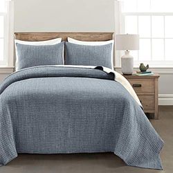 Lush Decor Solid Kantha Pick Stitch Yarn Dyed Cotton Woven 3 Piece Quilt/Coverlet Set, Navy & Off-White, Full/Queen