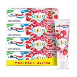 Aquafresh Splash Dentifricio per bambini da 3 a 8 anni, aroma di fragola con fluoro, agisce contro le carie, confezione da 4x75 ml