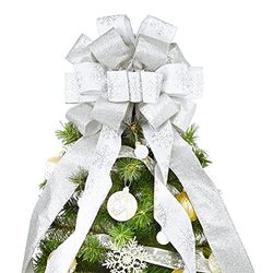 Christmas Tree Topper, 40x13 Inches Toppers Bow with Glitter Satin Mesh Streamer and Patterned Ribbon, Christmas Tree Topper Bow for Christmas Home Decoration (White)