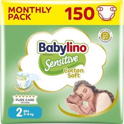 Babylino Sensitive Cotton Soft, pieluchy dla niemowląt, rozmiar 2, mini (3-6 kg), 150 sztuk