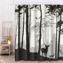Semtomn Rideau de Douche décoratif imperméable avec Crochets Motif Silhouette de forêt de pins et d'oiseaux Marron 183 x 183 cm