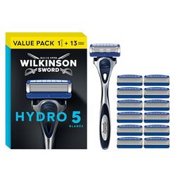 Wilkinson Sword Hydro 5 Skin Protection Razor, Carbon Coated 5 Blades, Hydrating Gel, Flip Trimmer, 1 Handle + 13 Refills, Men's