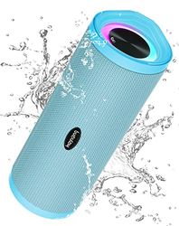 HEYSONG Enceinte Portable Bluetooth aux Basses Renforcées, Bluetooth 5.3, Étanche IPX7, Haut-Parleur Subwoofer à 360 Degrés, Autonomie 40 hrs, Stéréo, Lumière LED, AUX, TF Carte, pour Voyage -Azur