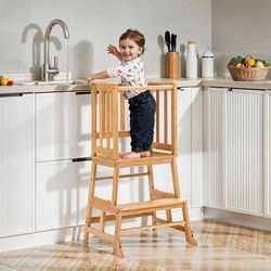 COSYLAND Lärotorn för Barn från 18 Månader – Montessori Lärotorn i Bambuträ – Med Tippskydd, Halkfria Mattor, 2 Steg och Säkerhetsbåge – För Kök, Badrum och Barnrum – Bambufärg