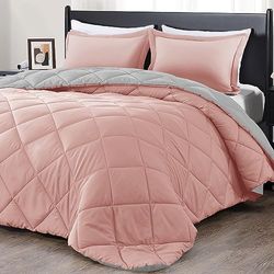 downluxe Juego de edredón tamaño King, edredón Rosa y Gris, Juegos de Ropa de Cama Suave para Todas Las Estaciones, 3 Piezas, 1 edredón (104 x 92 Pulgadas) y 2 Fundas de Almohada (20 x 36 Pulgadas)