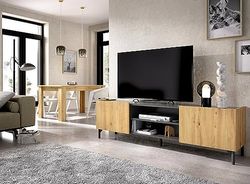 Dmora - Mobile porta TV Emet, Credenza bassa da soggiorno, Madia da salotto per televisione, 161x35h45 cm, Rovere Nodi e Antracite