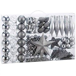 BAKAJI Adornos para árbol de Navidad, 102 Unidades, Paquete de Bolas, Calcetines, Estrellas, piñas, Decoraciones navideñas (Silver)